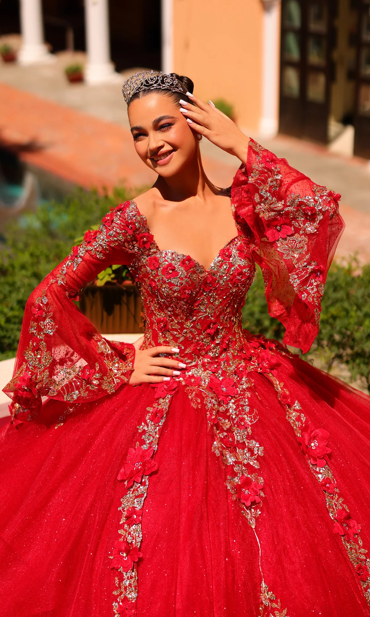 Amarra 54263 Red Quincea¤era Dress with Bell Sleeves - Image 3