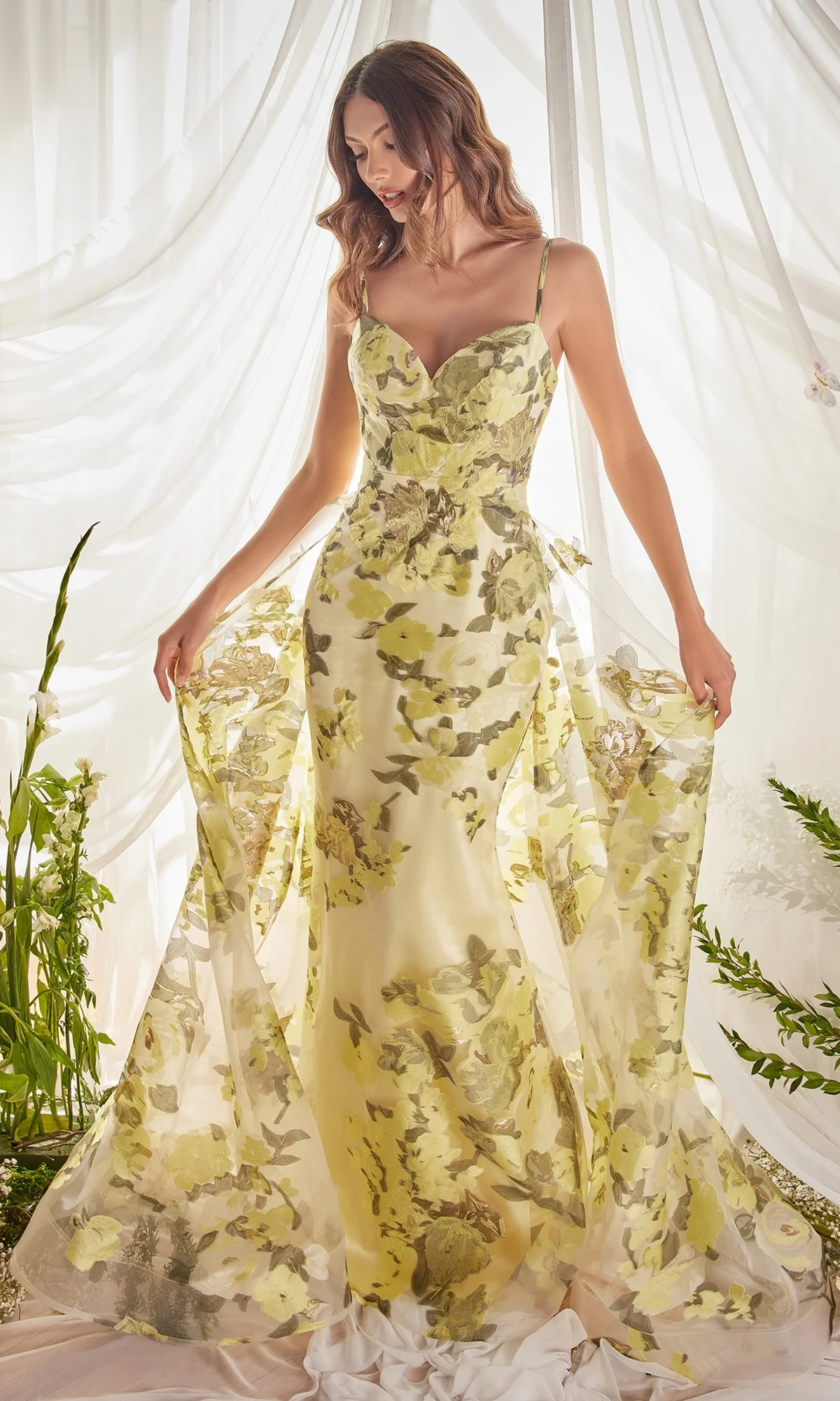 Lemon Yellow Floral-Print Long Prom Dress A0770 - Image 3