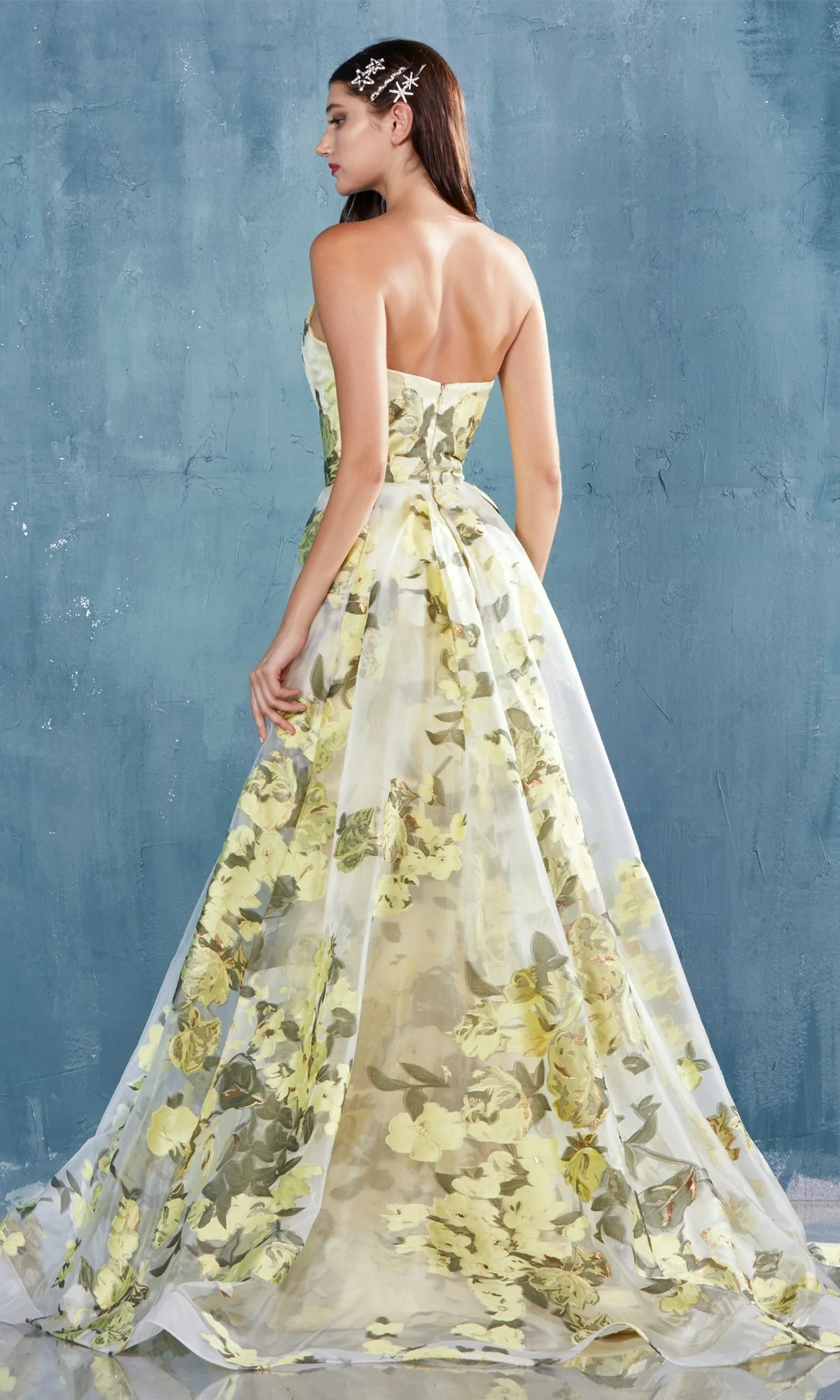 Lemon Yellow Floral-Print Long Prom Dress A0770 - Image 4