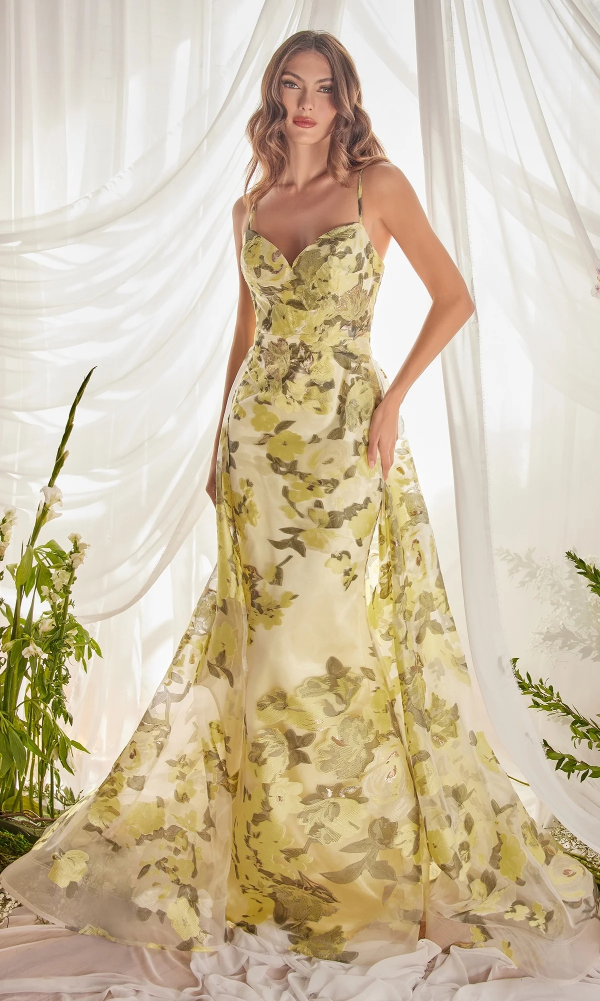 Lemon Yellow Floral-Print Long Prom Dress A0770 - Image 5