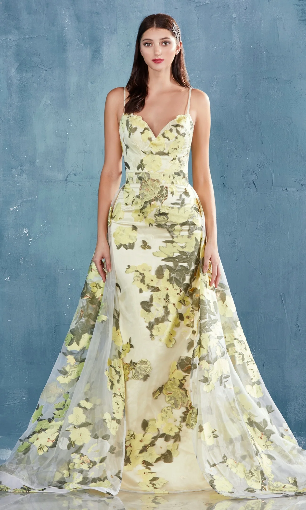 Lemon Yellow Floral-Print Long Prom Dress A0770 - Image 7