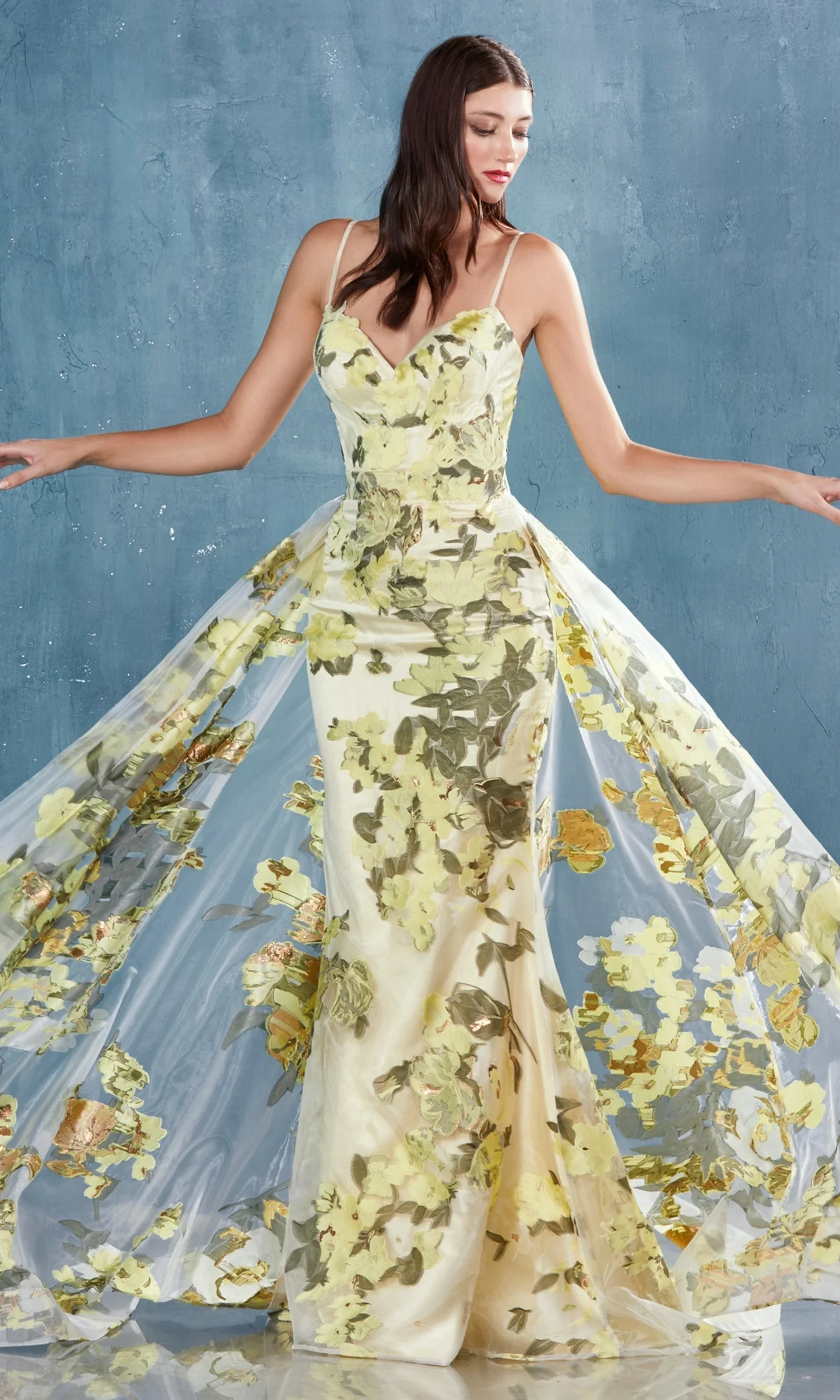 Lemon Yellow Floral-Print Long Prom Dress A0770 - Image 9