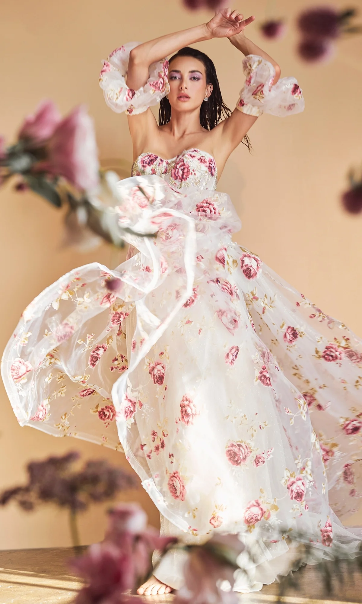 Puff-Sleeve Strapless Floral-Print Ball Gown A1133 - Image 3