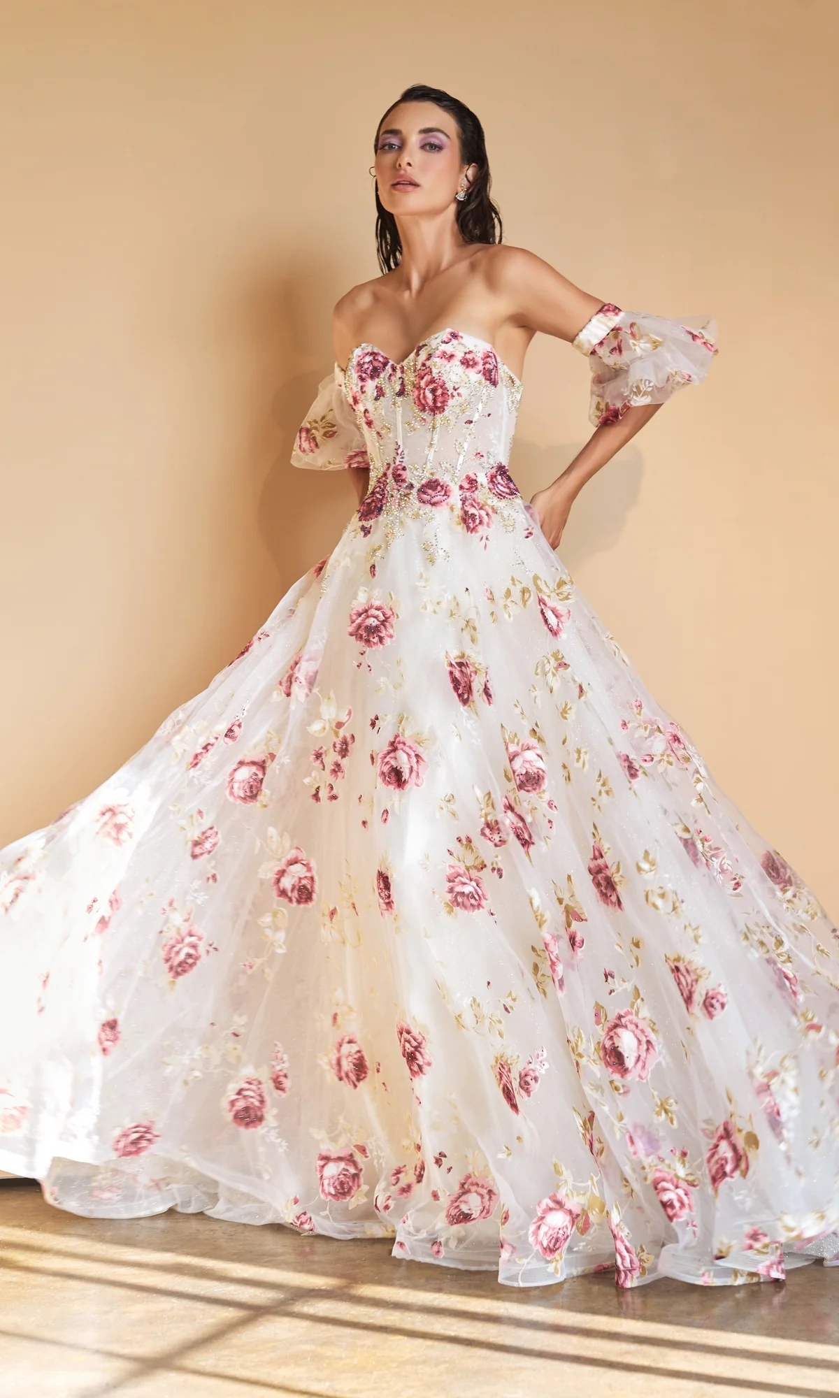 Puff-Sleeve Strapless Floral-Print Ball Gown A1133 - Image 4