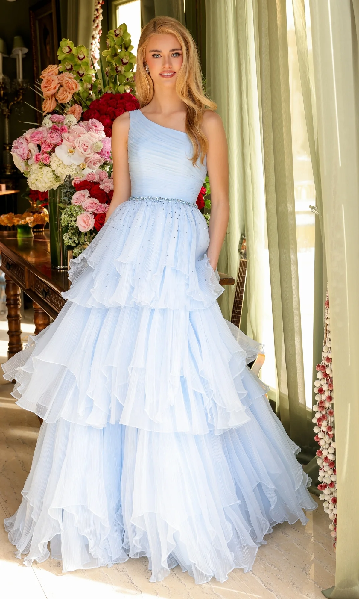 One-Shoulder Tiered Prom Gown: Ava Presley 29131 - Image 12