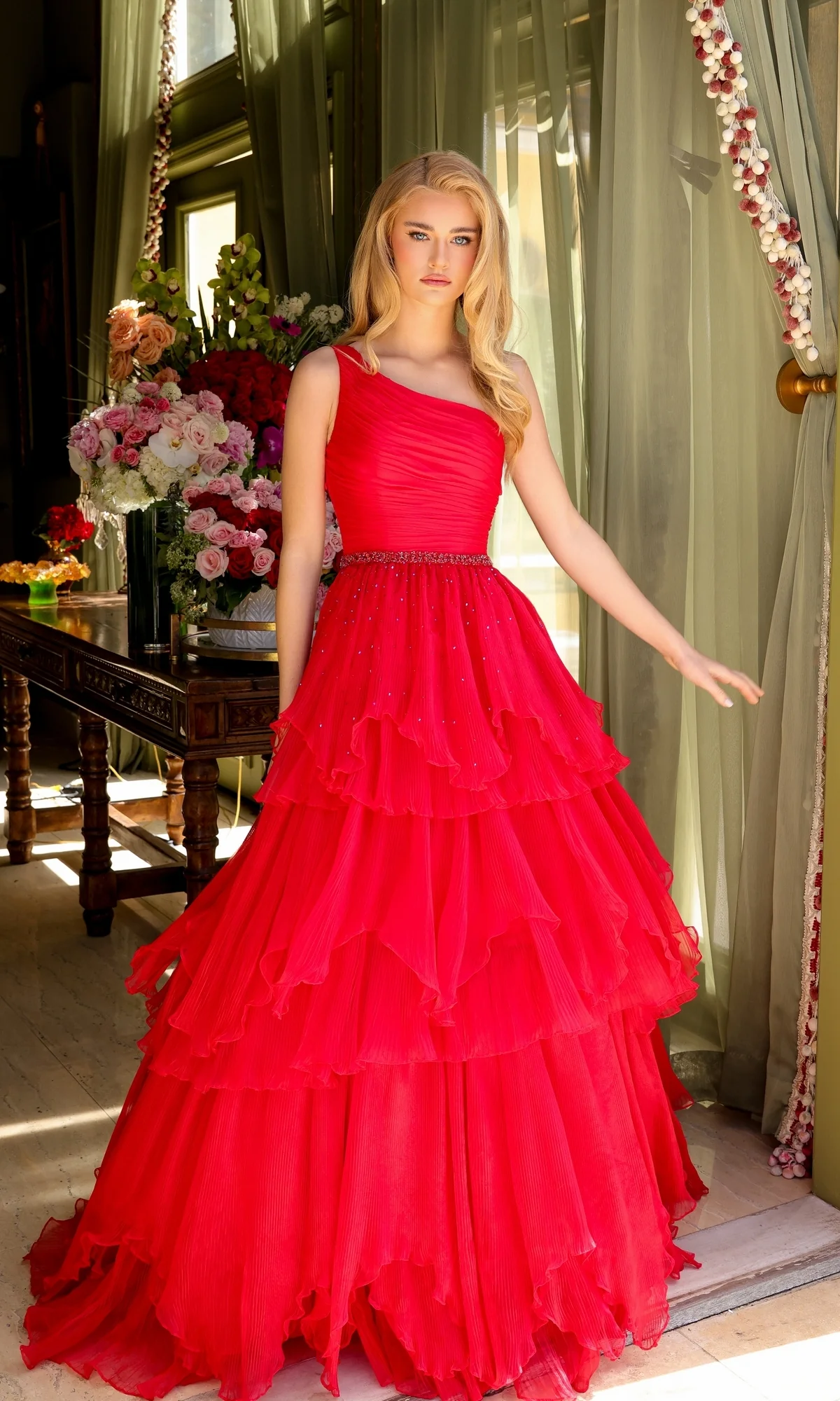 One-Shoulder Tiered Prom Gown: Ava Presley 29131 - Image 3