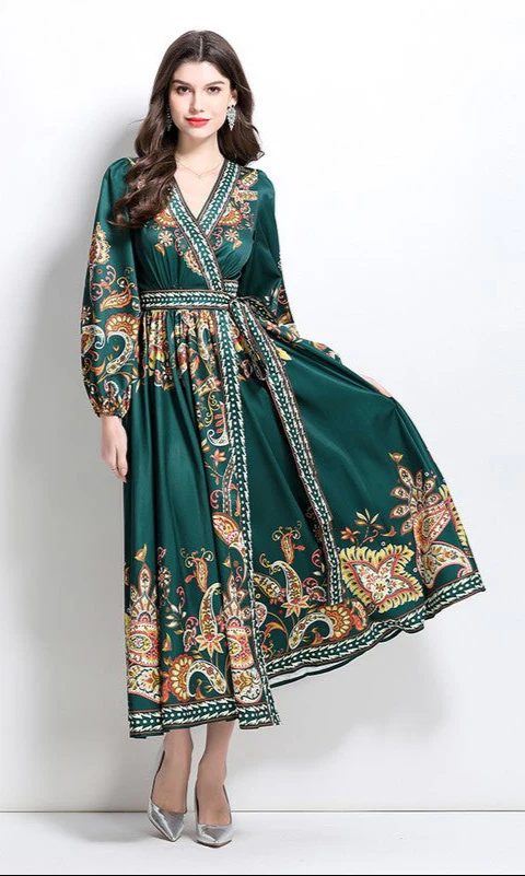 A-Line Long-Sleeve Print Casual Maxi Wrap Dress - Image 3