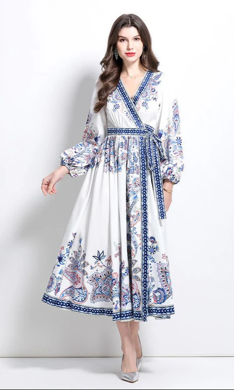 Long-Sleeve Paisley-Print Casual Maxi Wrap Dress - Image 3