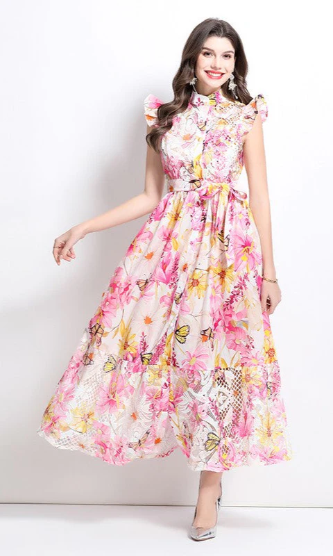 A-Line Floral-Print Casual Maxi Dress with Buttons - Image 3