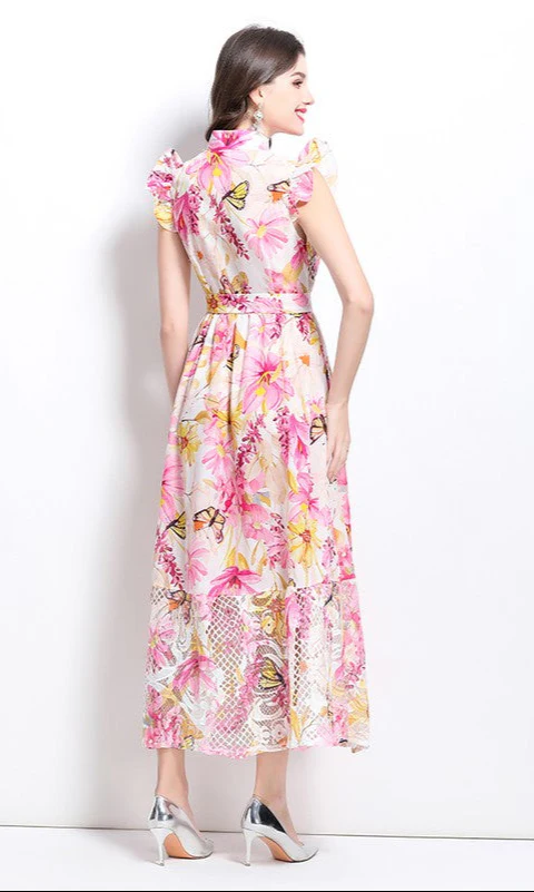 A-Line Floral-Print Casual Maxi Dress with Buttons - Image 4