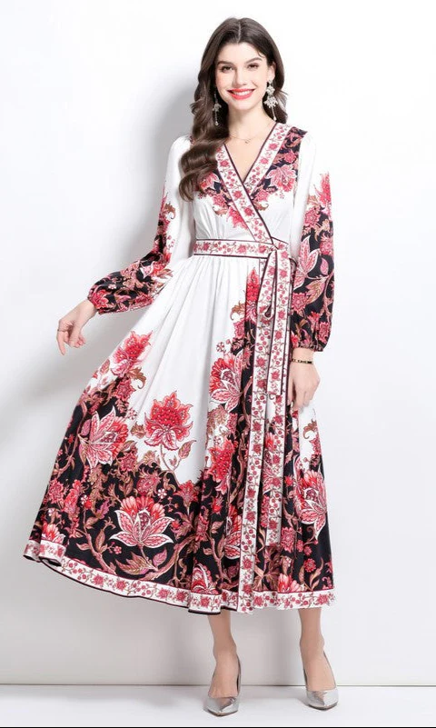 V-Neck Long-Sleeve Floral-Print Casual Wrap Dress - Image 3