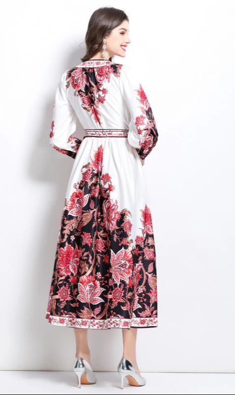 V-Neck Long-Sleeve Floral-Print Casual Wrap Dress - Image 4
