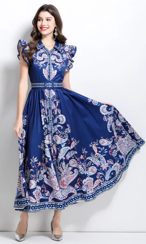 Navy Blue Paisley Print Casual Maxi Dress - Image 3