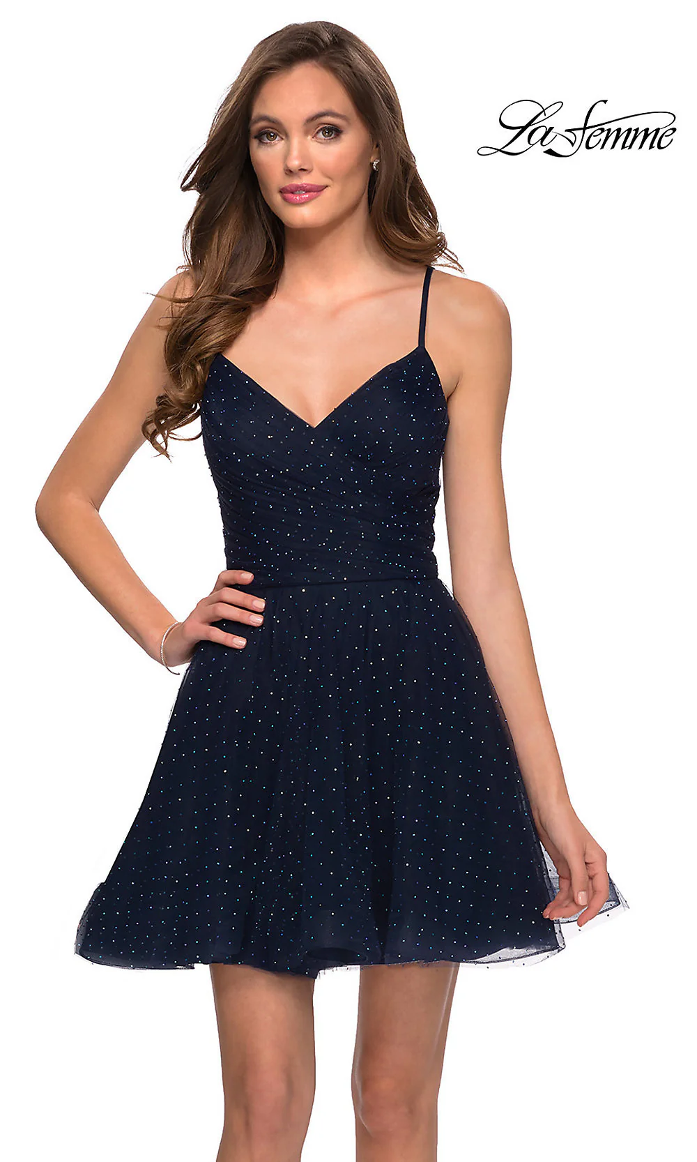 Rhinestone Short Navy La Femme Homecoming Dress - Image 3
