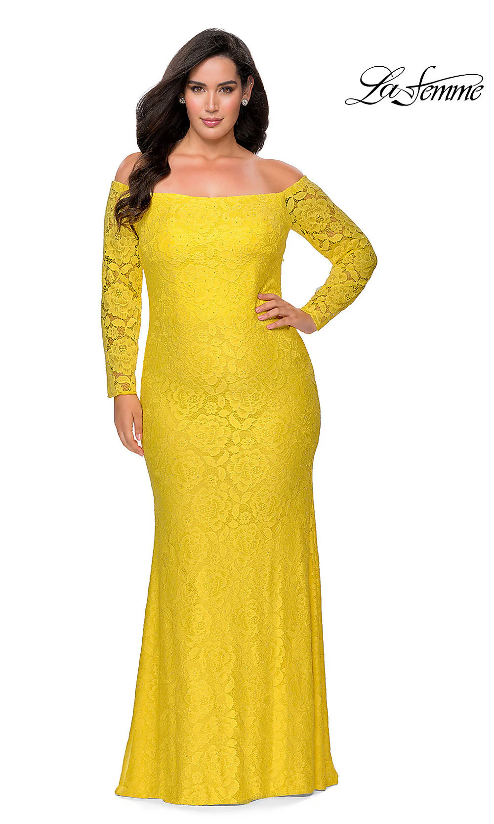 Plus-Size Long Sleeve Lace La Femme Prom Dress - Image 5