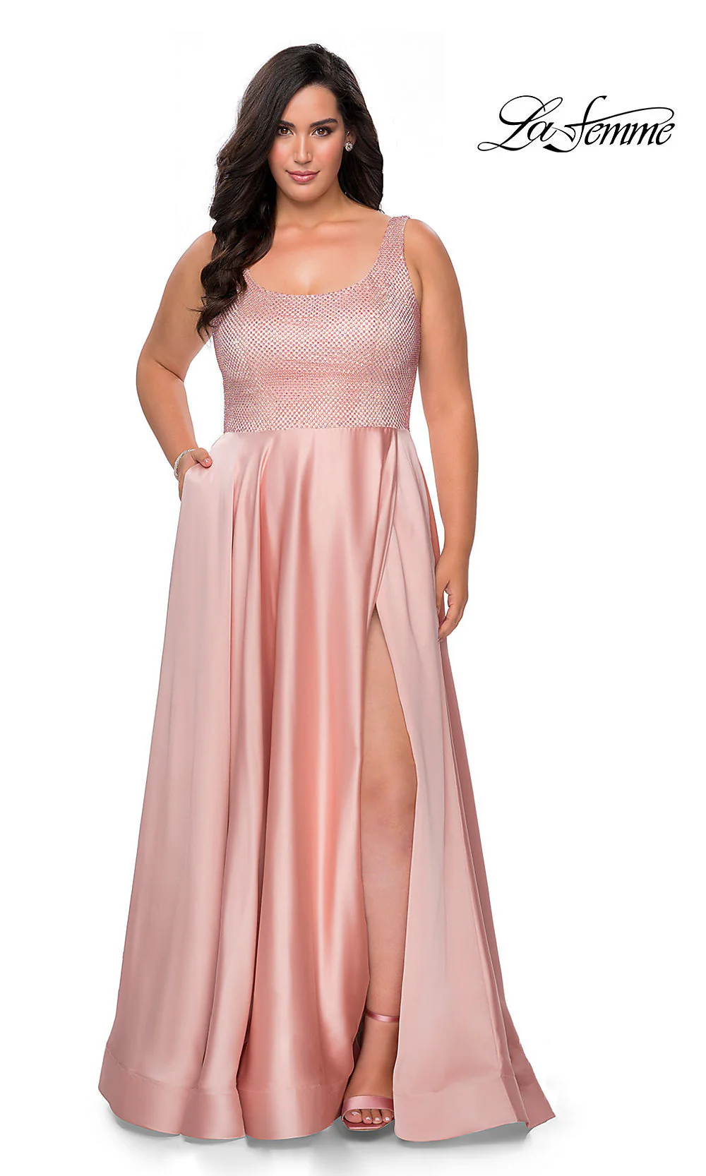 La Femme Beaded-Bodice Long A-Line Plus Prom Dress - Image 3