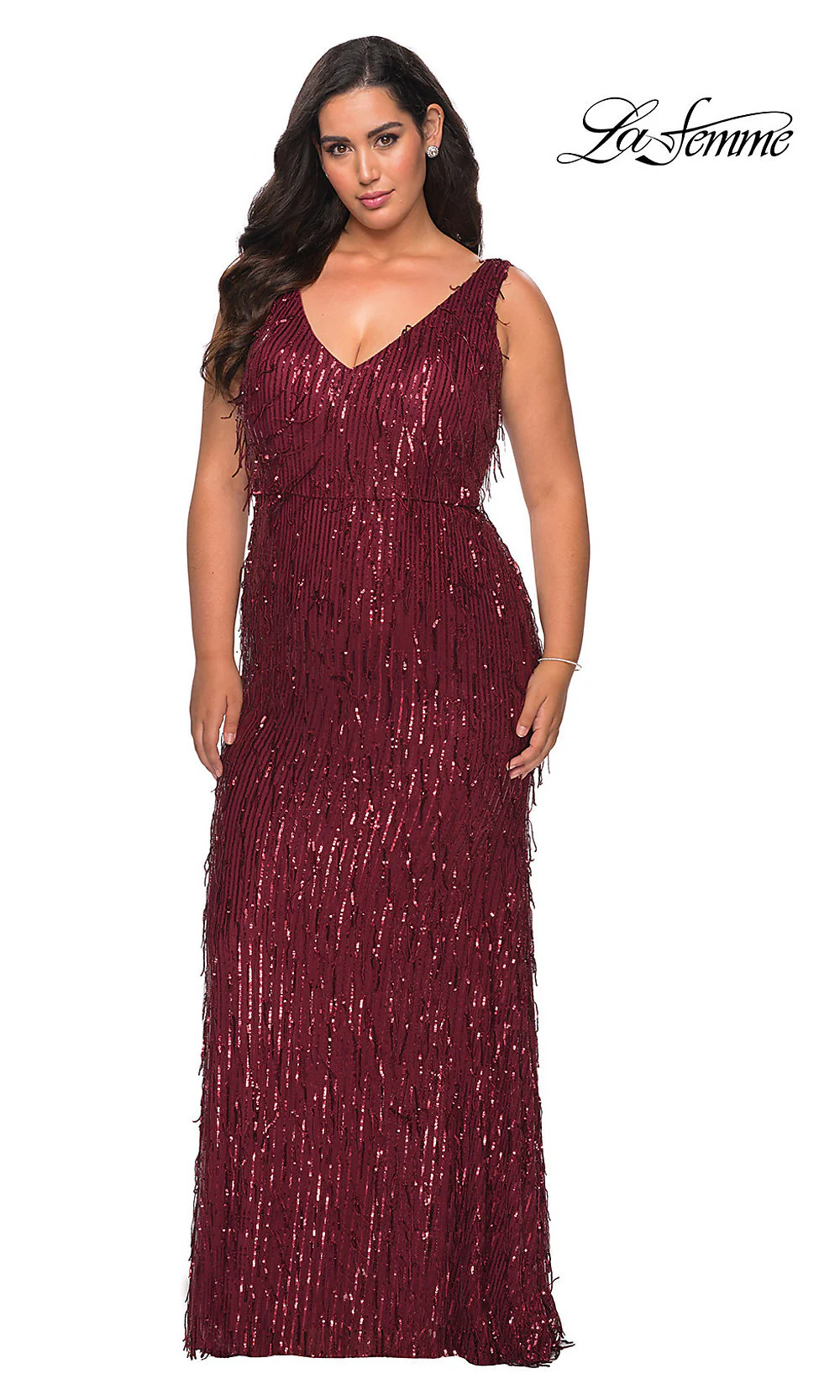 Long Sequin Fringe La Femme Plus-Size Prom Dress - Image 3