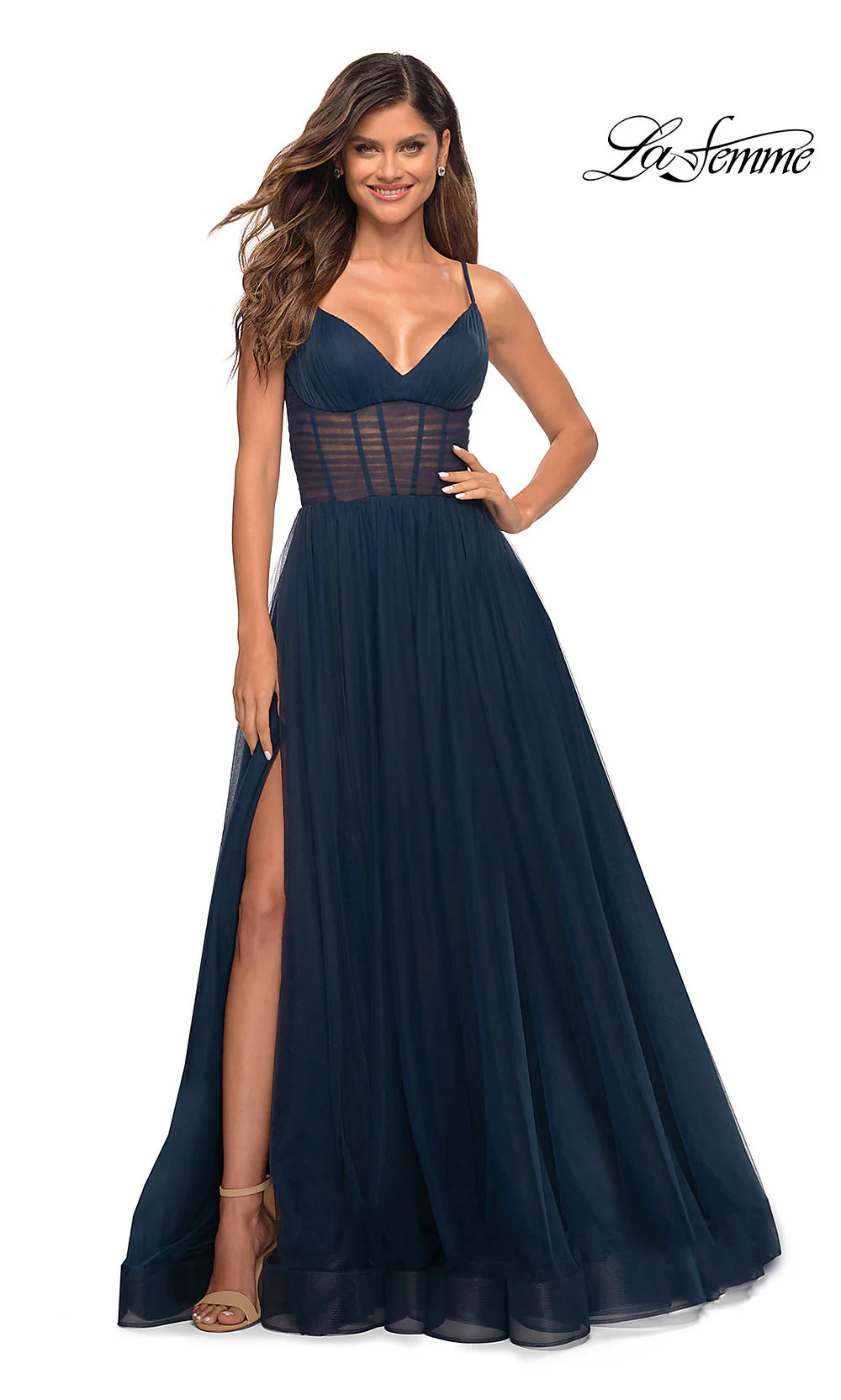 Long La Femme Prom Dress with Sheer Corset Waist - Image 3