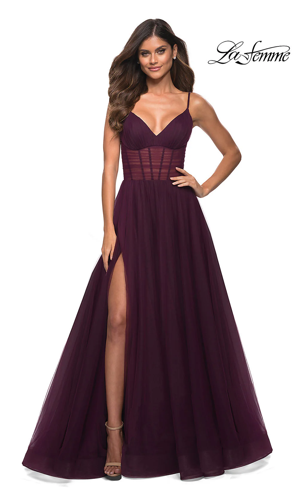 Long La Femme Prom Dress with Sheer Corset Waist - Image 4
