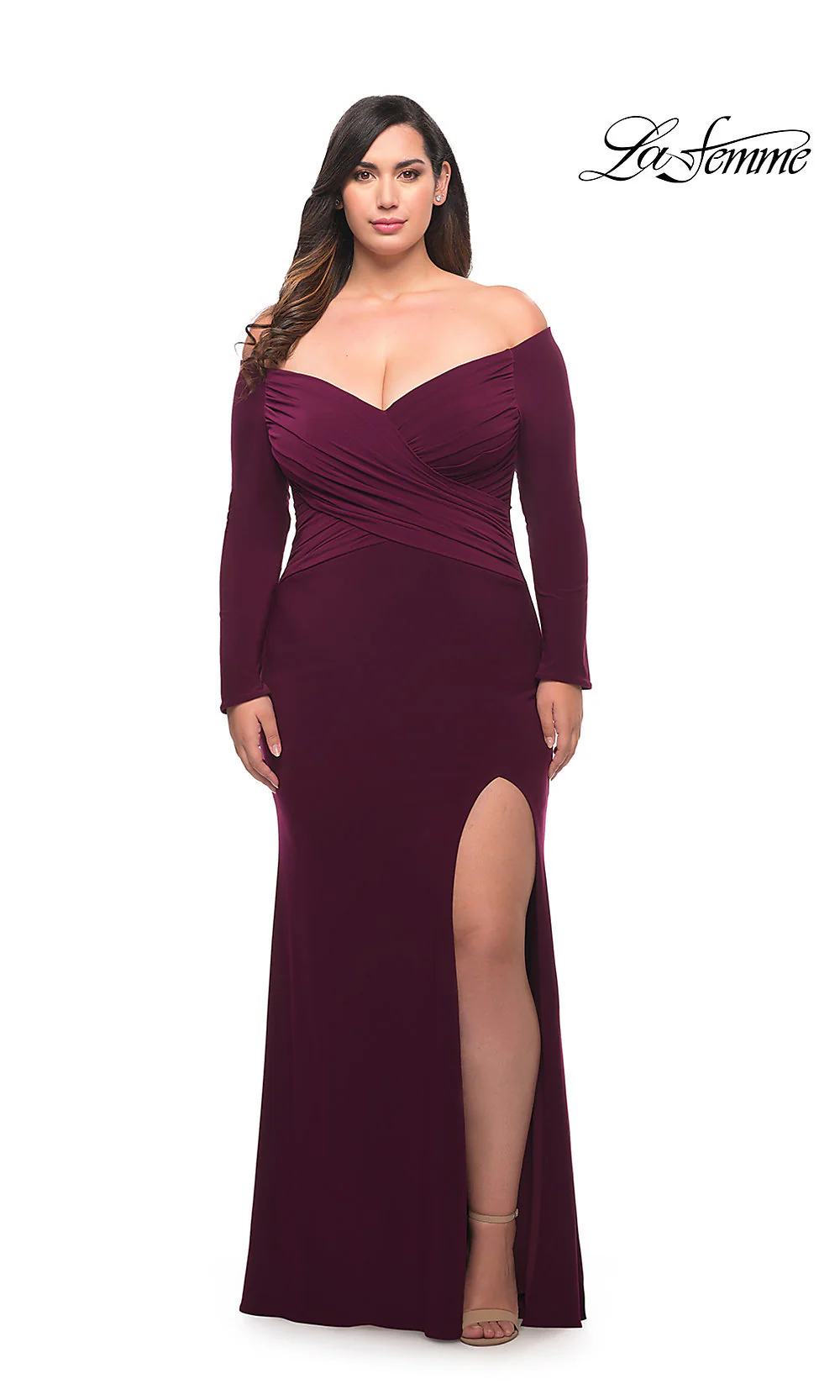 Long Sleeve Off-Shoulder La Femme Plus Prom Dress - Image 4