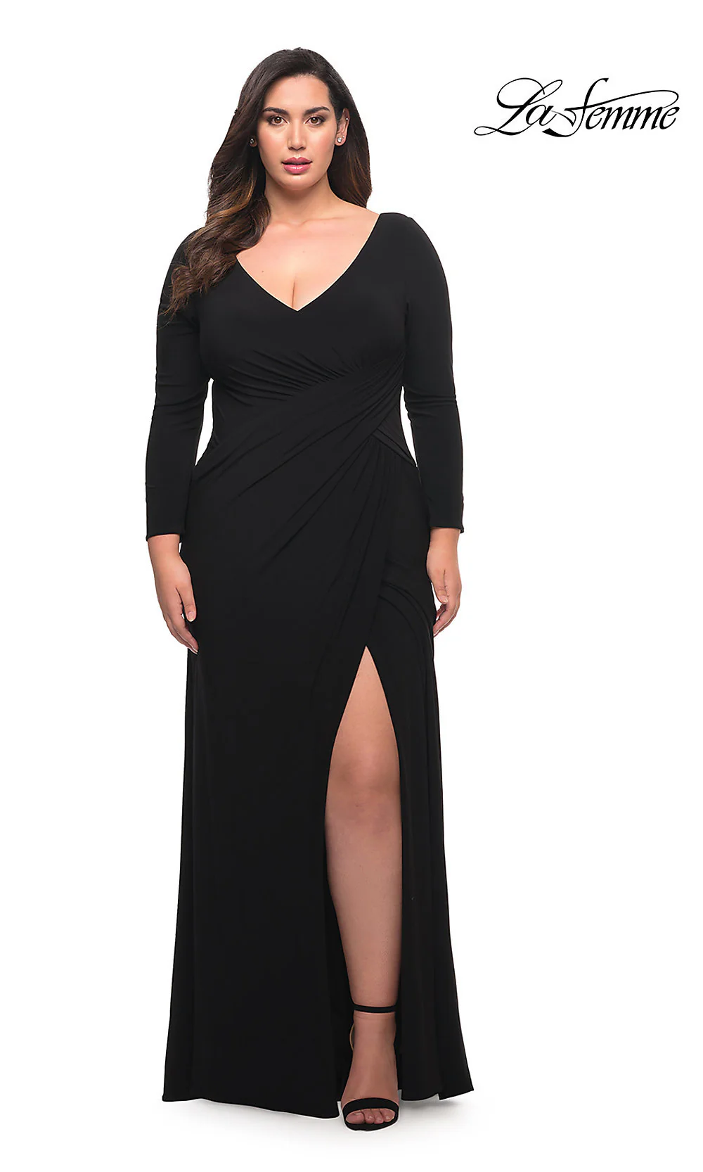 Long Sleeve Plus Long Black La Femme Prom Dress - Image 3