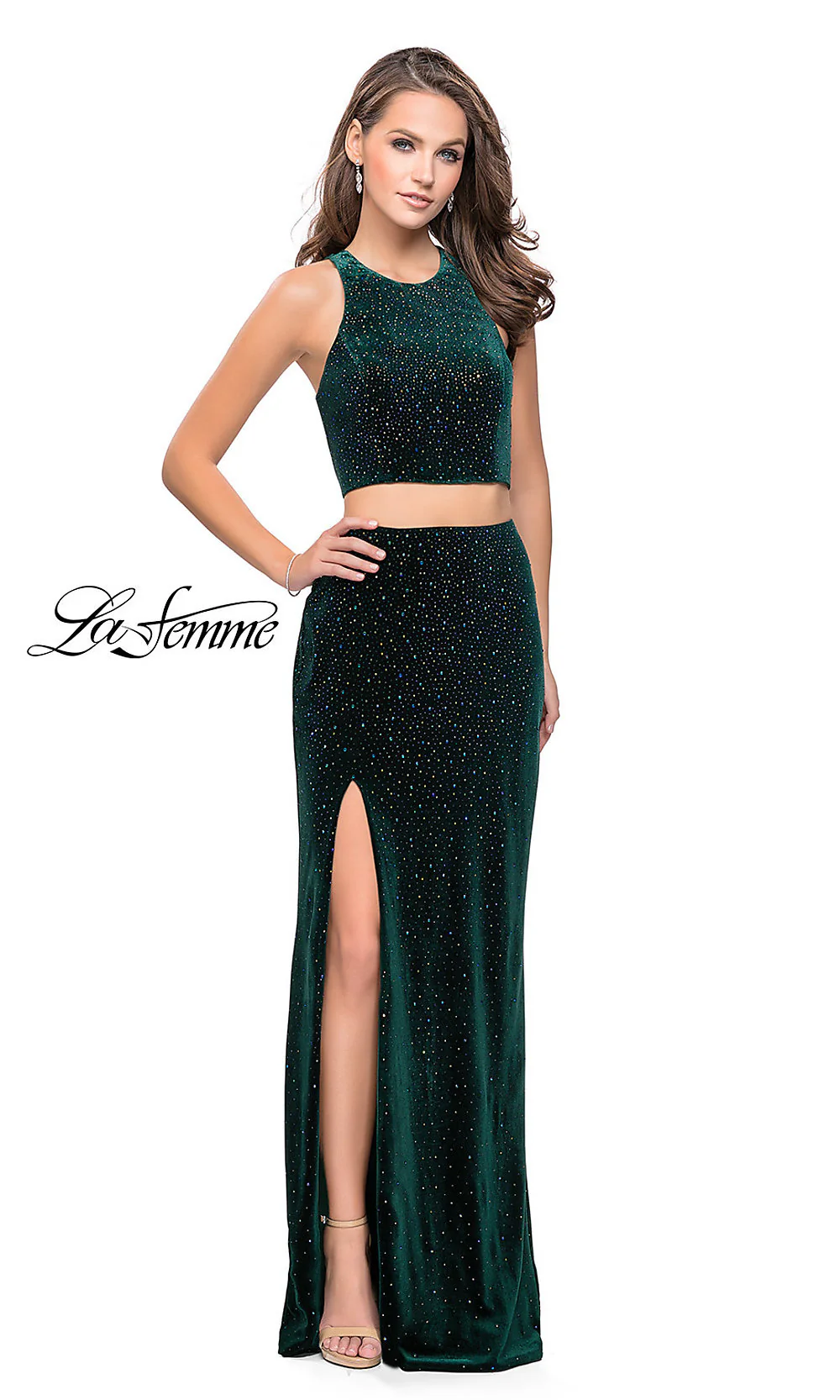 Long Beaded Velvet Two-Piece Prom Dress - Image 3