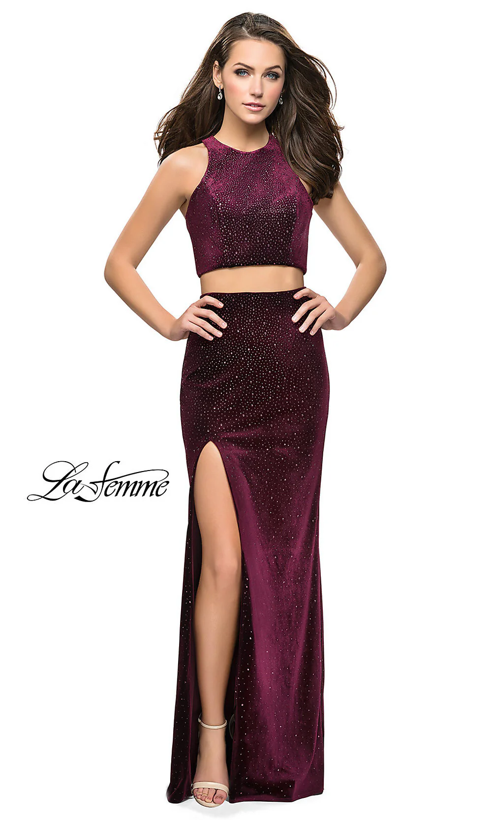 Long Beaded Velvet Two-Piece Prom Dress - Image 5