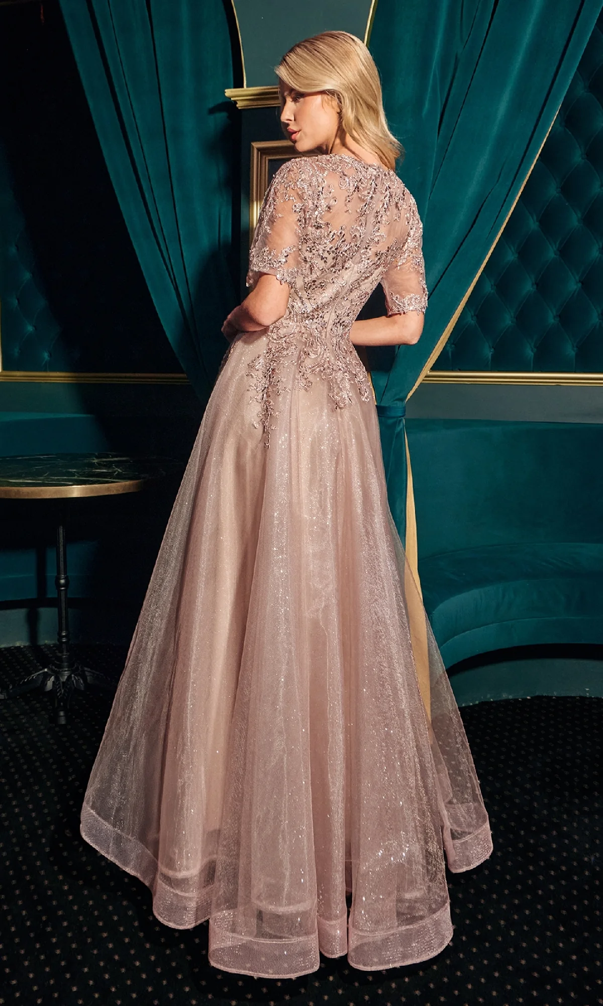 Short-Sleeve Glitter Formal Dress: Ladivine CD726 - Image 3