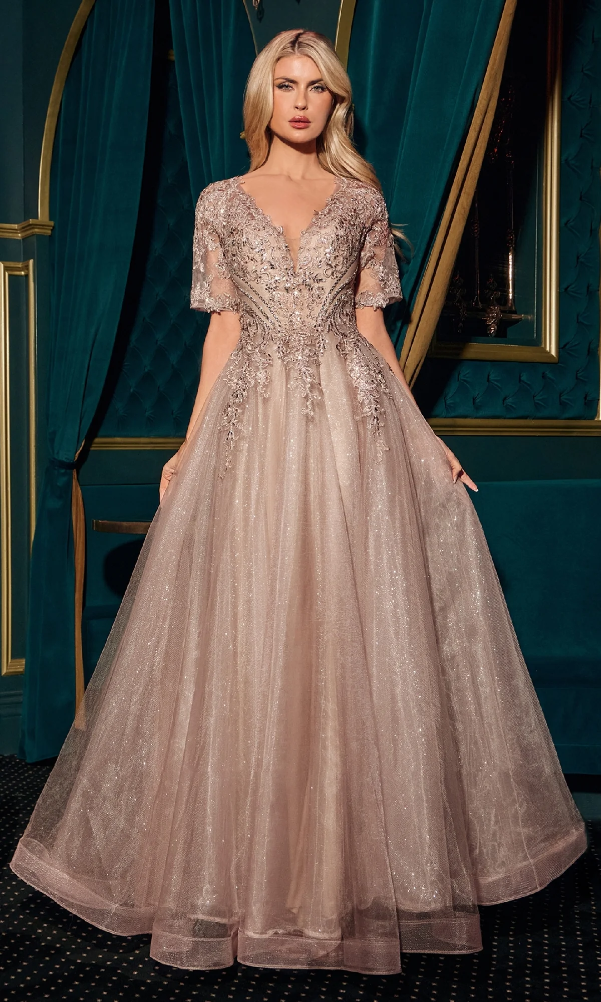 Short-Sleeve Glitter Formal Dress: Ladivine CD726 - Image 4