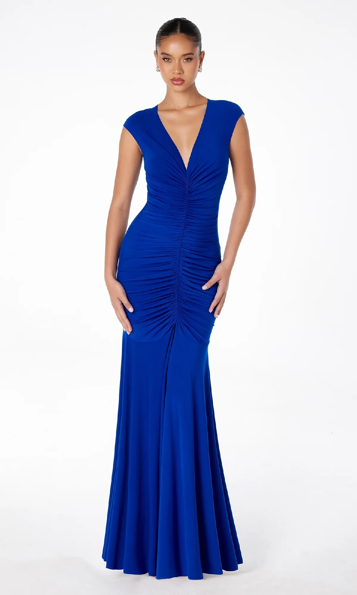 Cap-Sleeve Long Ruched Prom Dress: Astee T2009 - Image 4