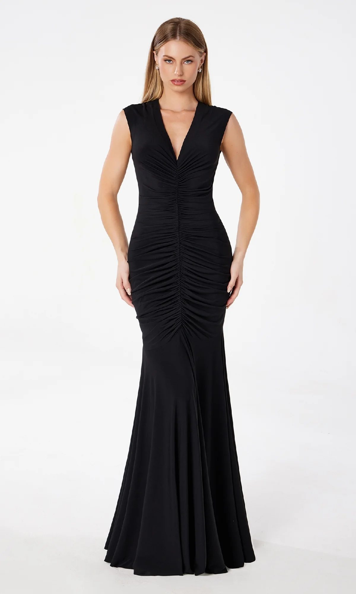 Cap-Sleeve Long Ruched Prom Dress: Astee T2009 - Image 5
