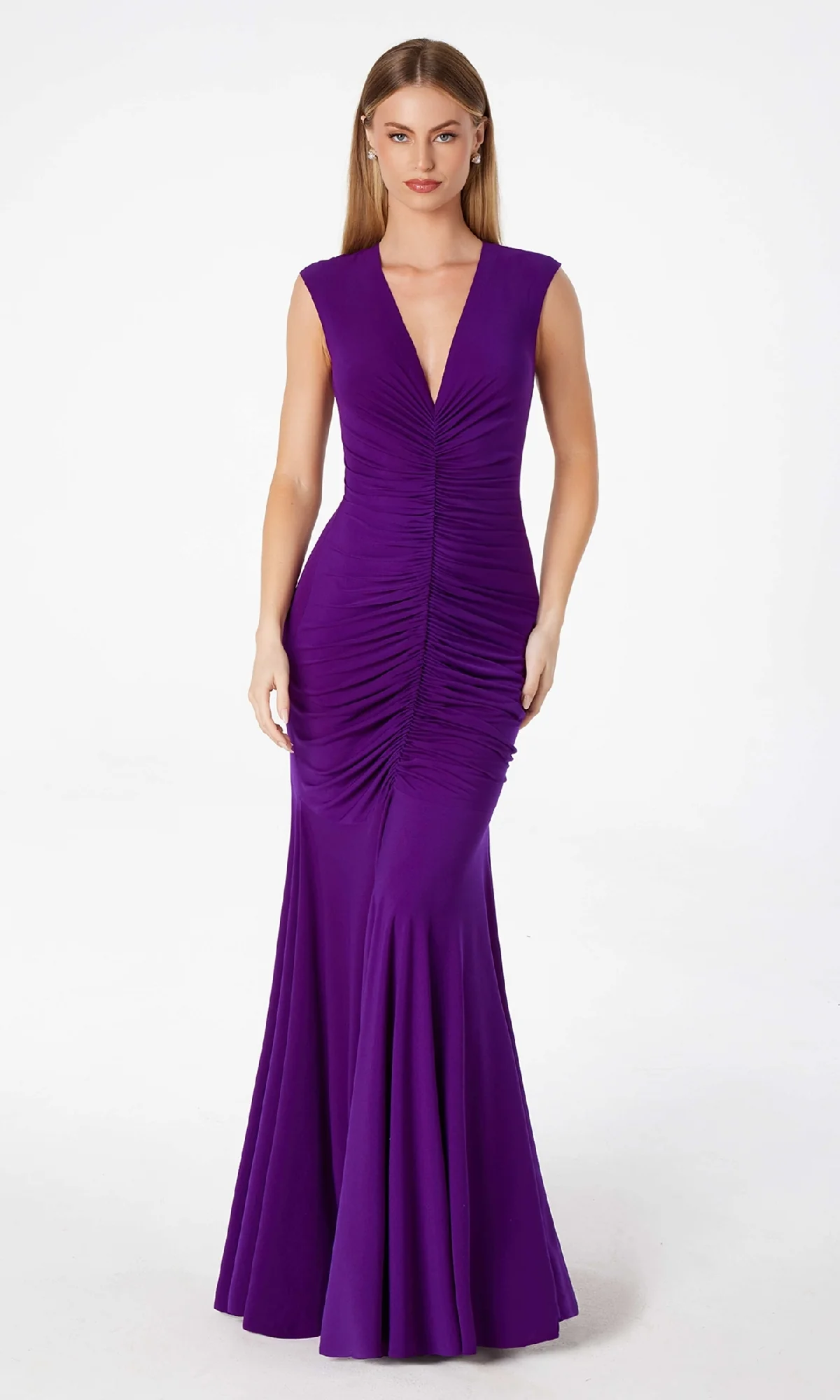 Cap-Sleeve Long Ruched Prom Dress: Astee T2009 - Image 6
