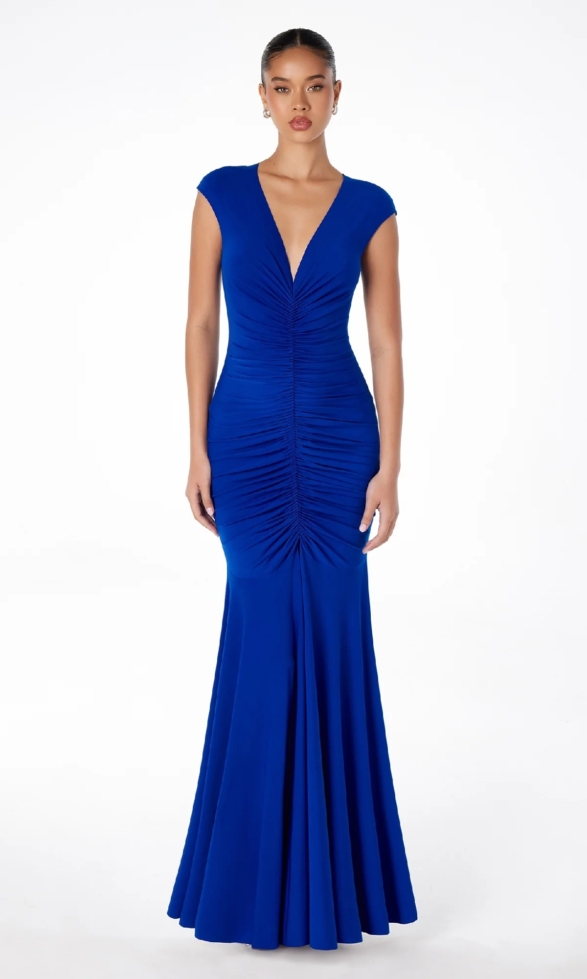 Cap-Sleeve Long Ruched Prom Dress: Astee T2009 - Image 8
