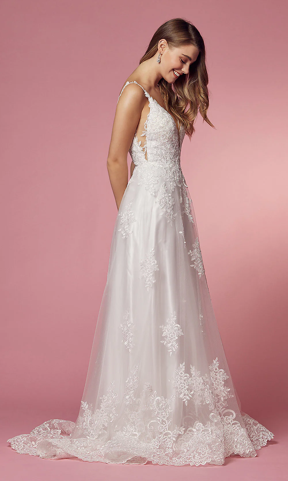 Lace-Applique V-Neck Long White Formal Ball Gown - Image 3